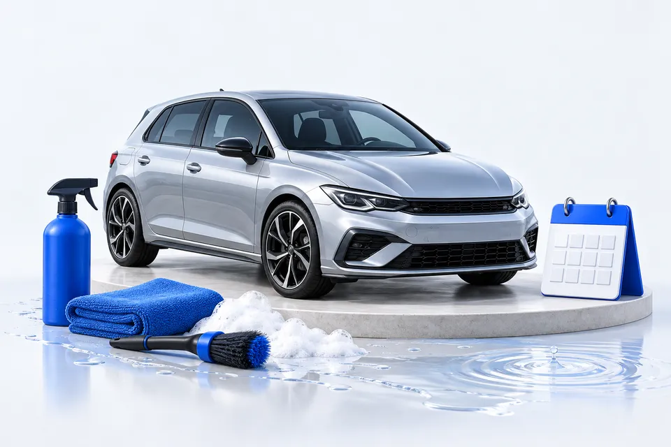 Illustration: a silver car, washing supplies and a blue calendar