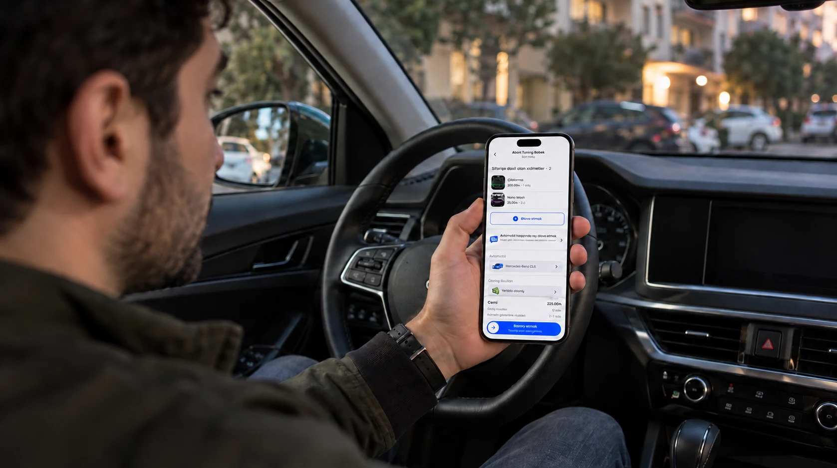 Illustration: a driver inside a car viewing the Yumo order screen on a phone